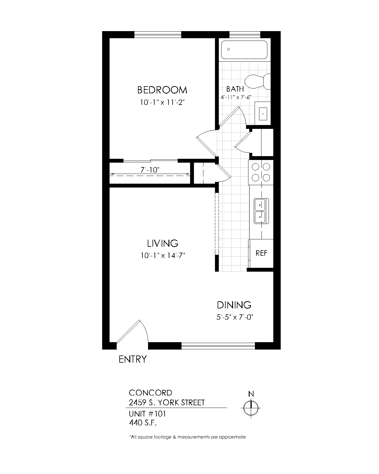 Floor plan for 1 bed, 1 bath, 500 sqft